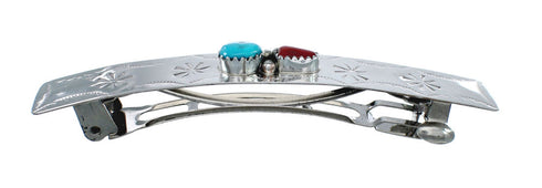 Native American Navajo Turquoise Coral Sterling Silver Hair Barrette JX131010